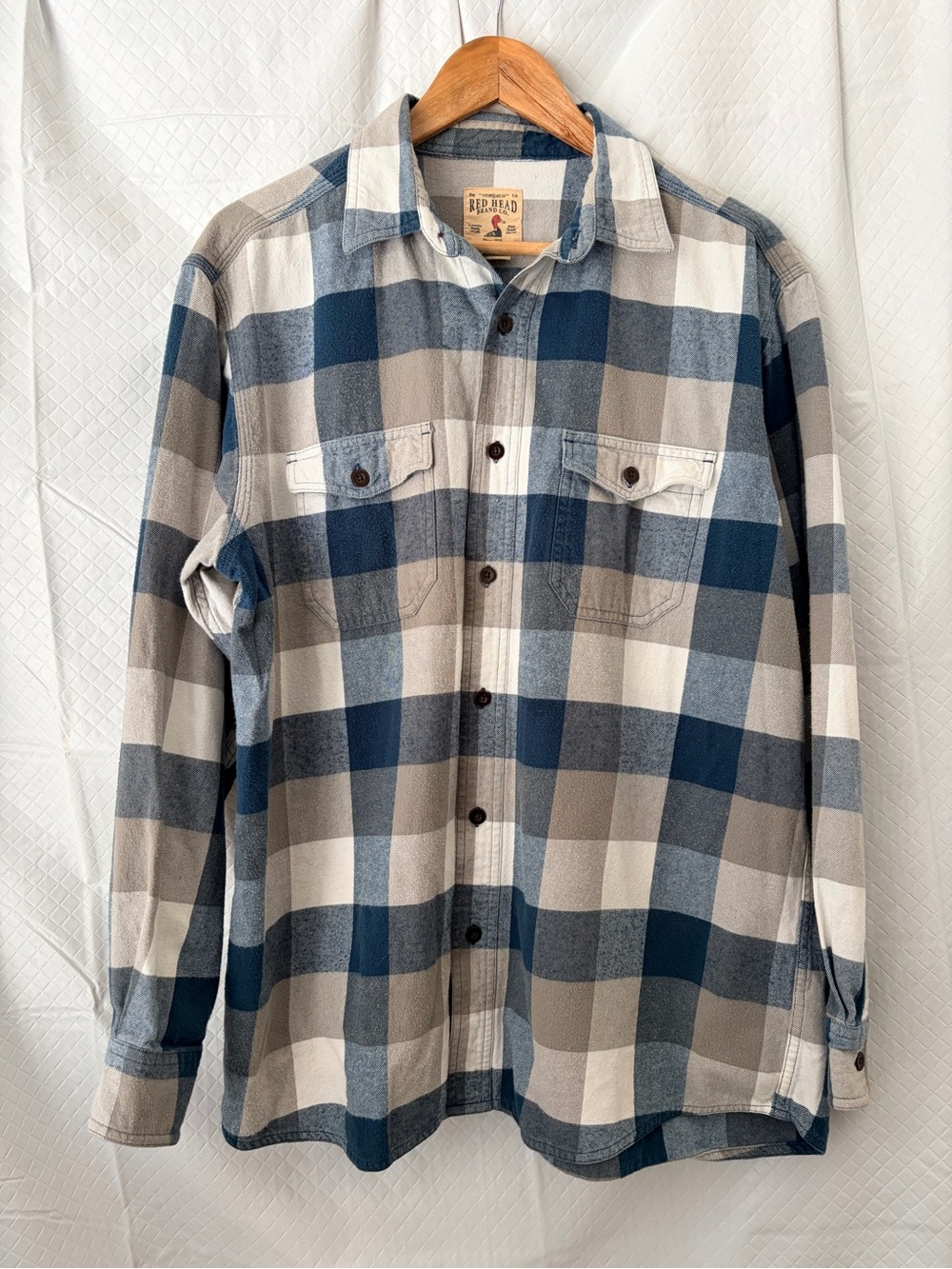 RedHead Tan Label with Red Duck Logo on Blue & Gray Plaid